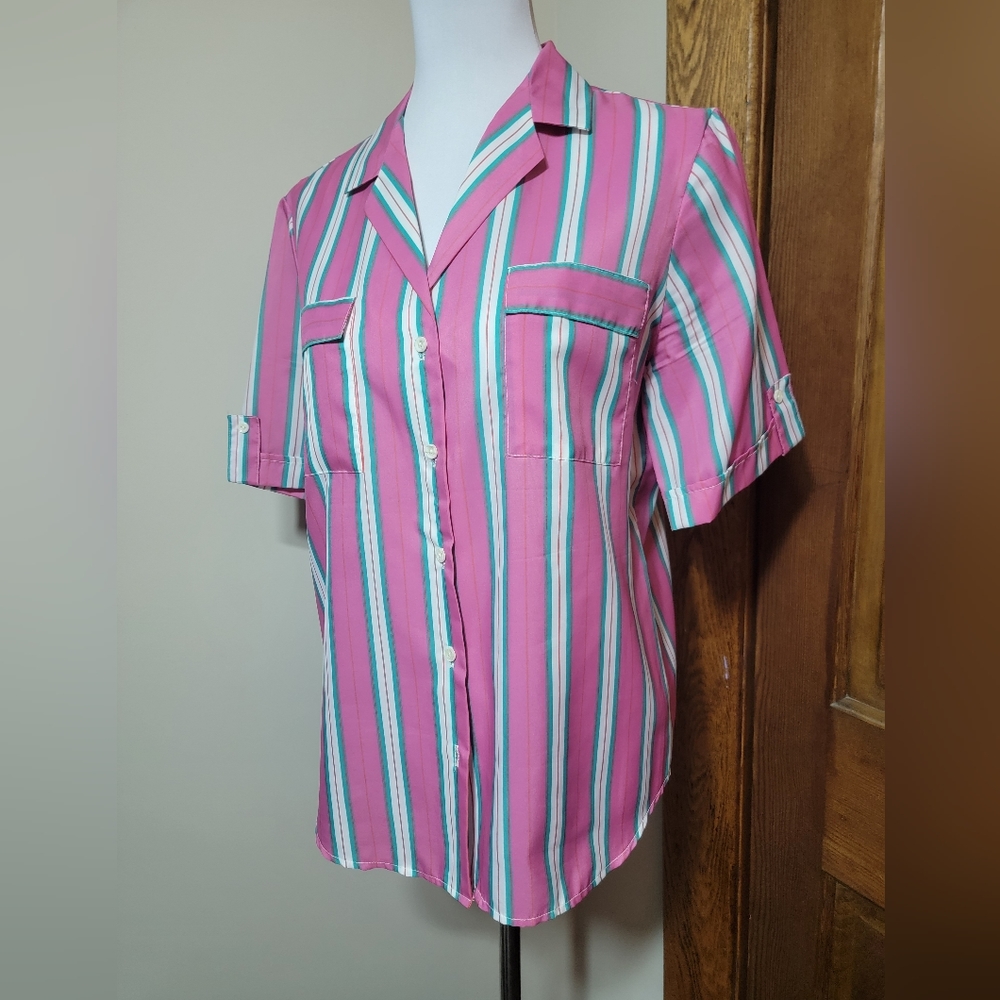 DonnKenny 70s Vintage Womens Sz 16 Collar Button Short Sleeve Blouse Striped